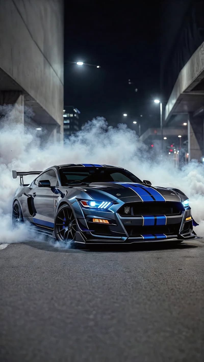 Mustang Shelby GT500 with Blue Racing Stripes Performing a Burnout in Thick Smoke 4K Wallpaper
