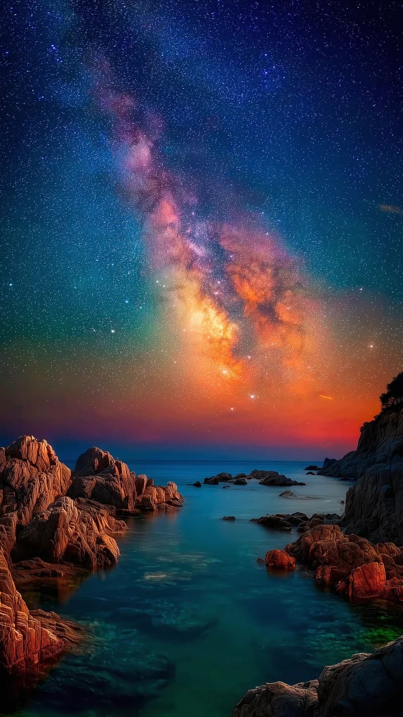 Calm Ocean Under a Vibrant Milky Way Galaxy and Starry Night Sky 4K Wallpaper