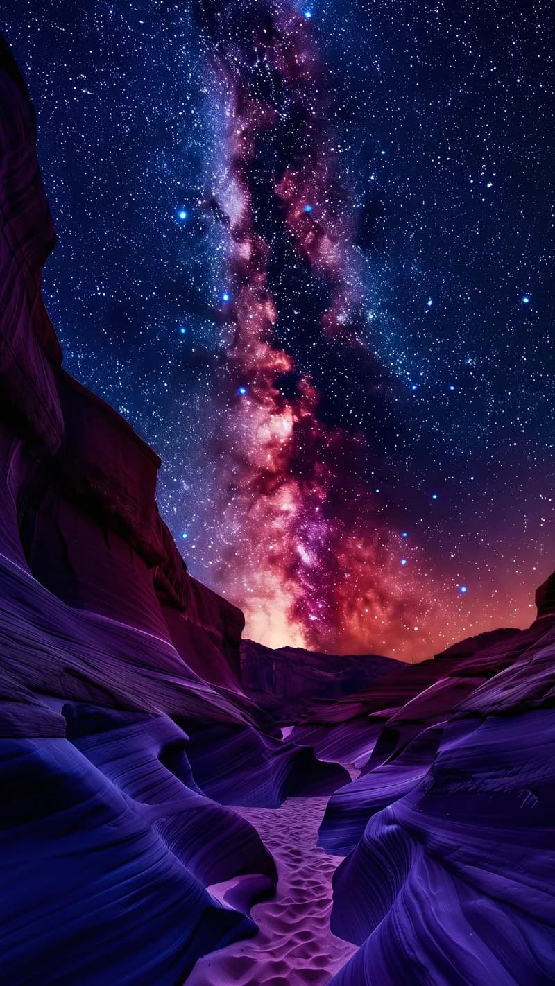 Glowing Milky Way Above Purple Slot Canyon 4K Nature Wallpaper