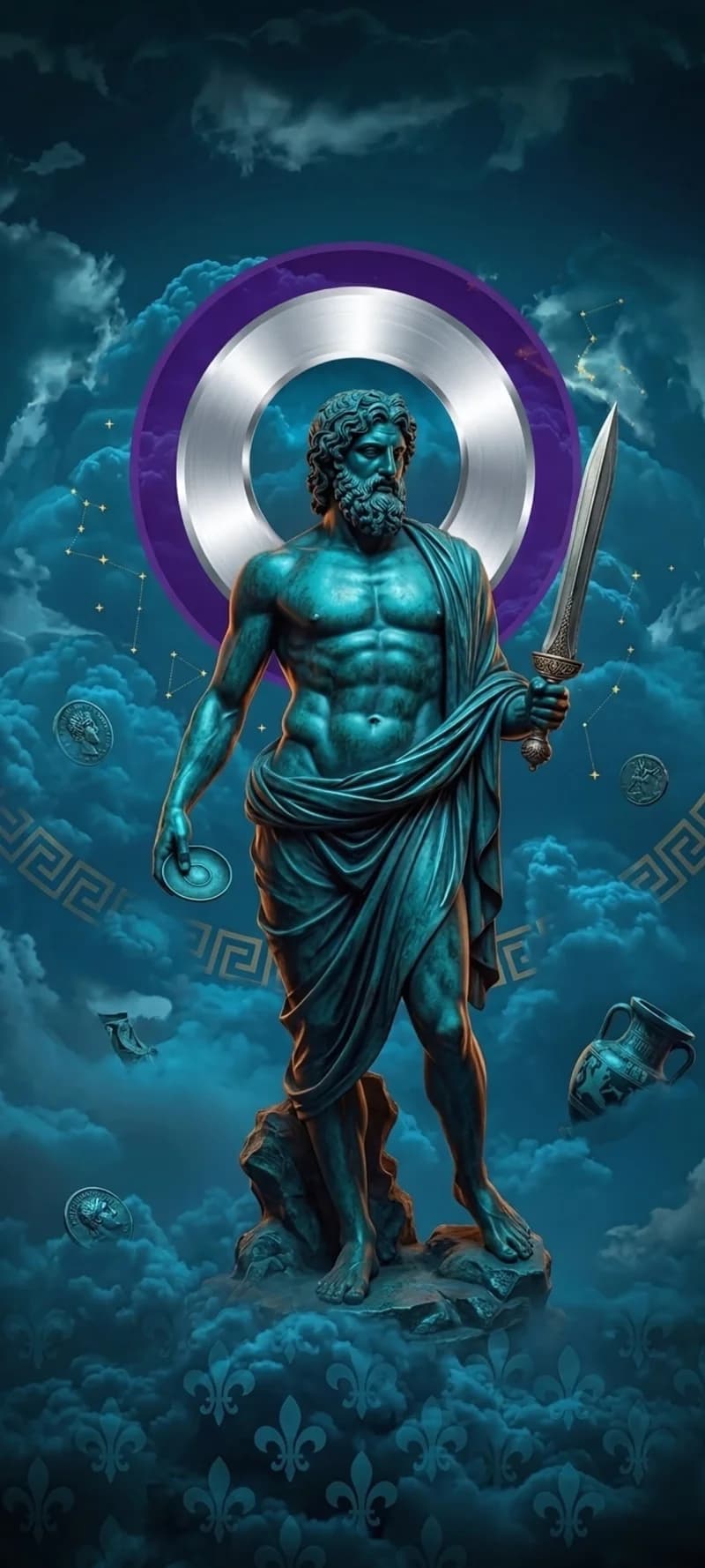 Bronze Statue of Zeus Holding a Sword Under Silver Halo 4KWallpaper