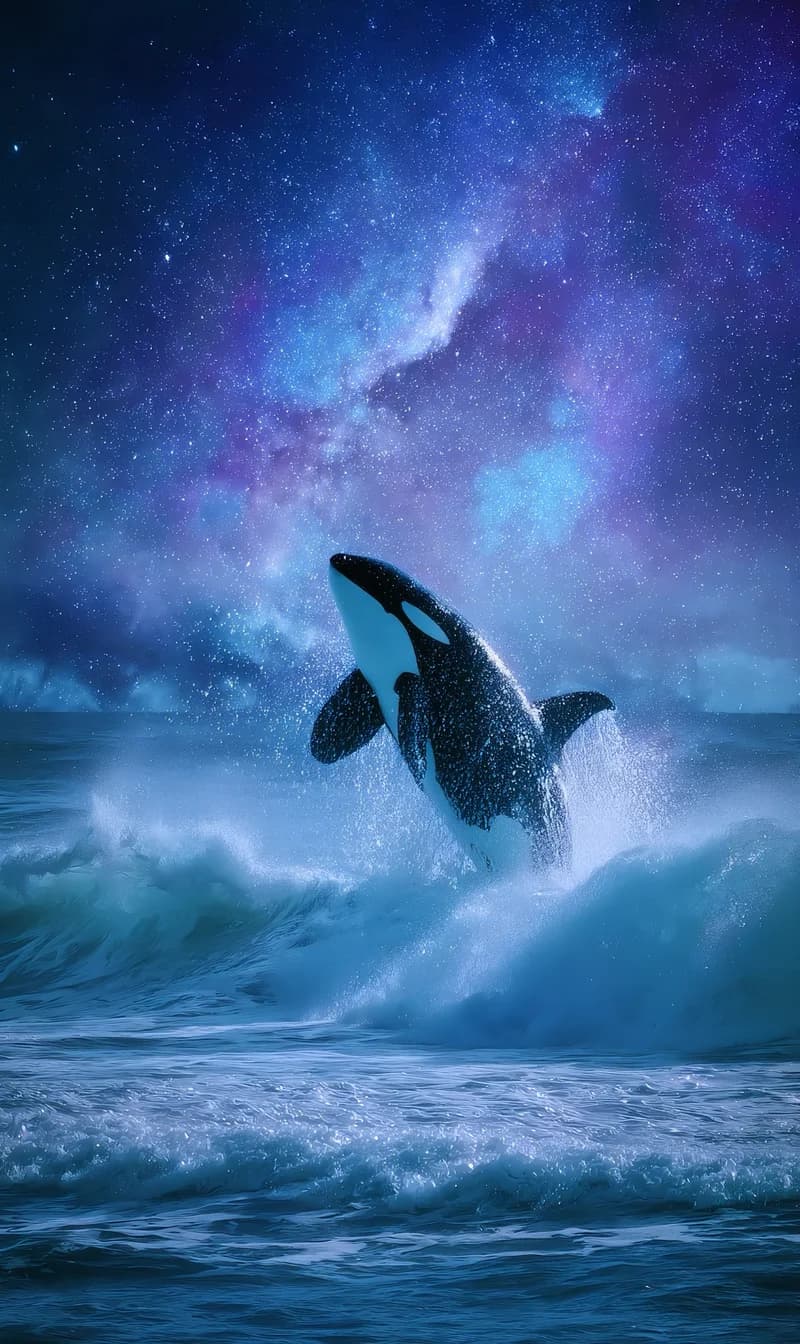 Orca Leaping Above Crashing Waves Under Cosmic Sky 4K Nature Wallpaper